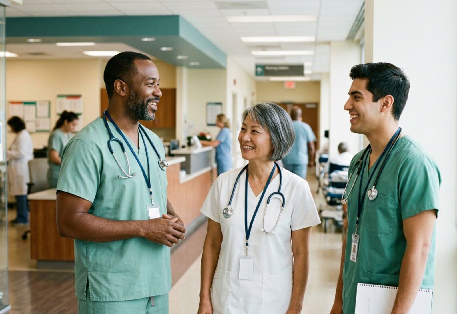 A diverse team of healthcare professionals together in a bright clinic corridor
