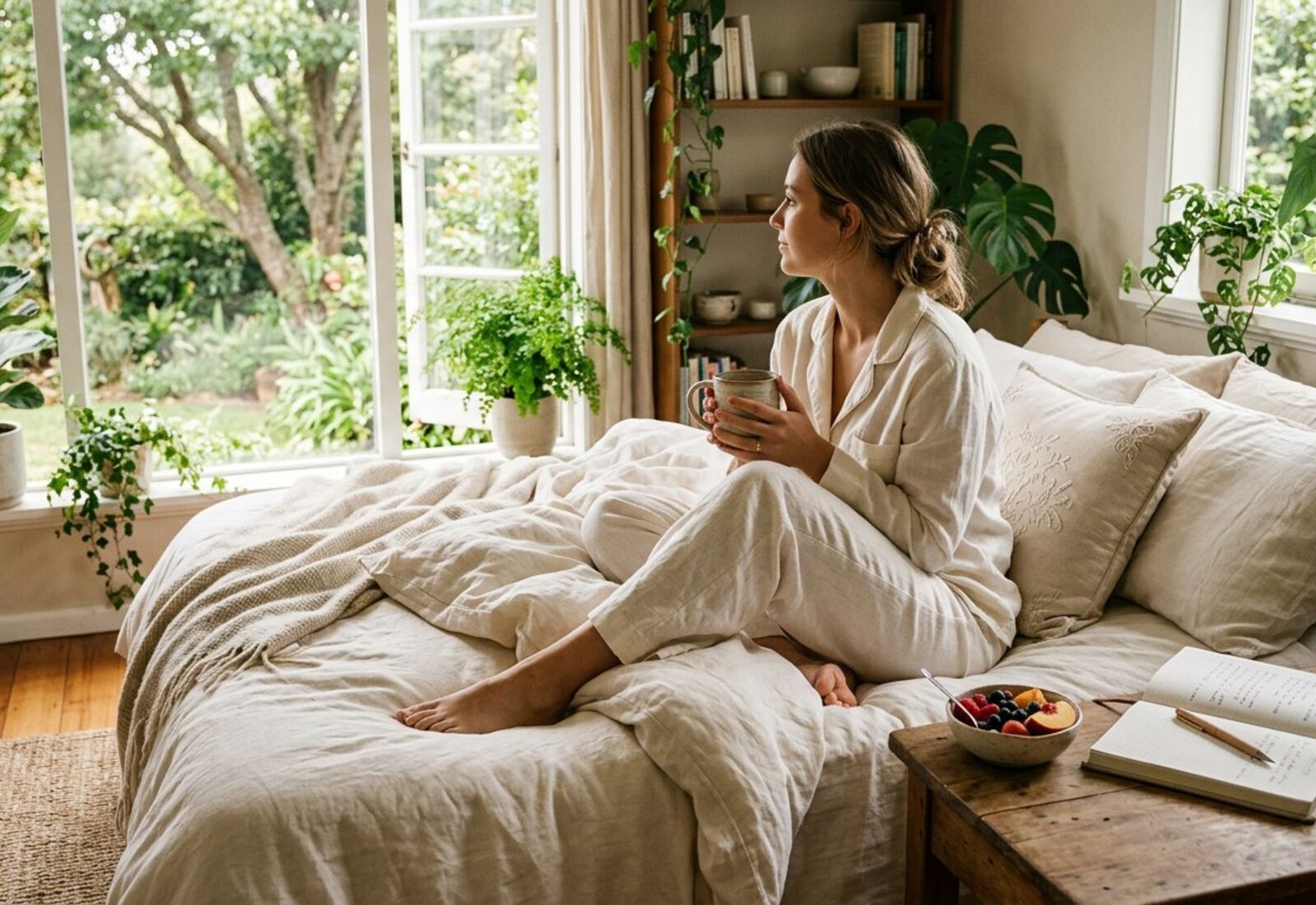 A calm bedroom morning routine with tea and a journal