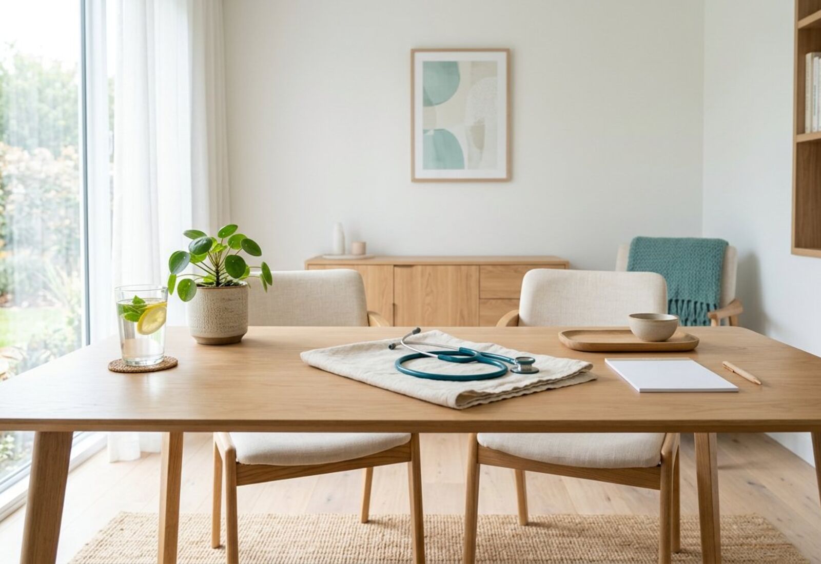 A calm, bright wellness consultation room with plants and soft daylight